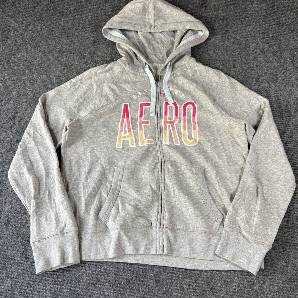 Aeropostale Womens XL Gray Full Zip Hoodie Aero Graphic Sweatshirt Long Sleeve